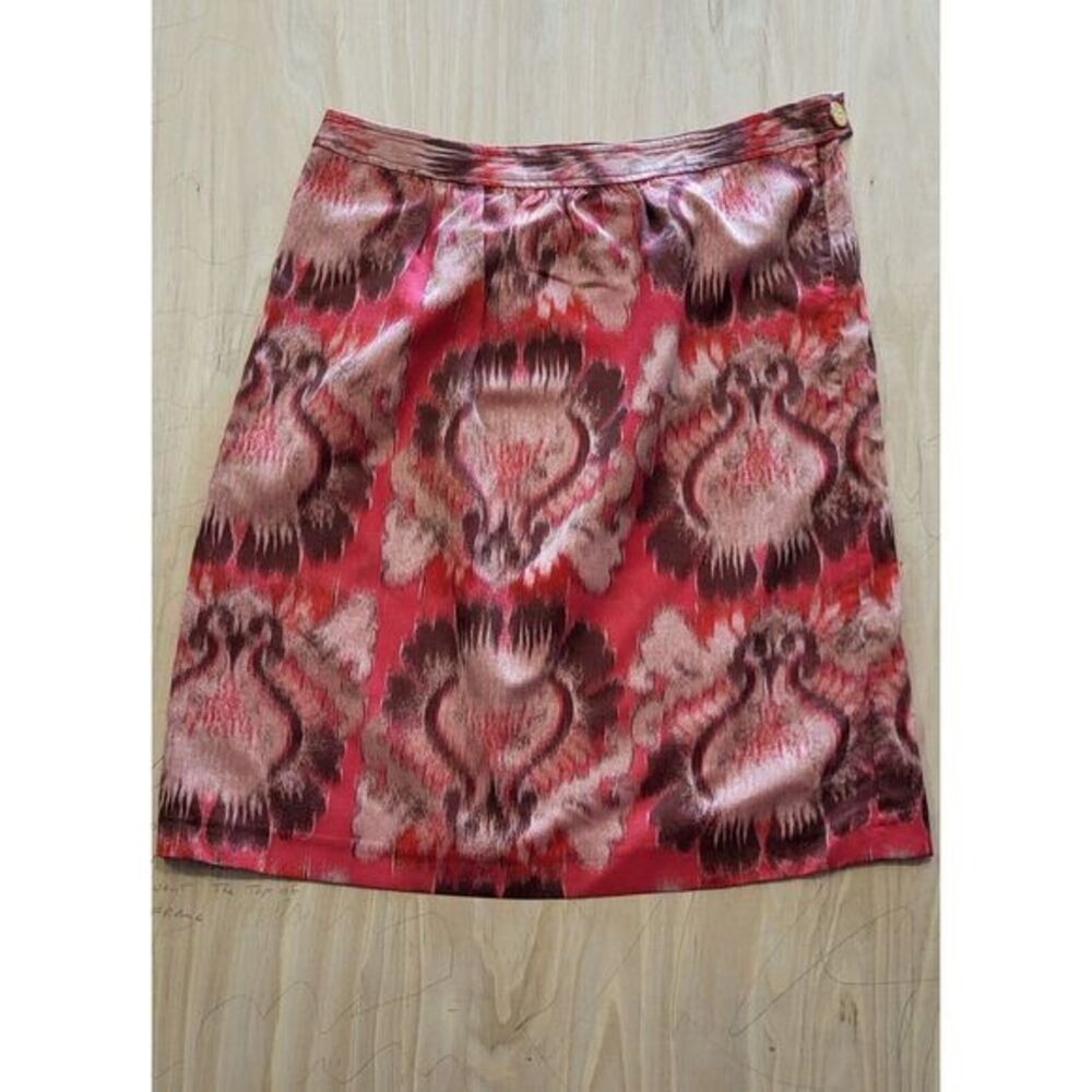 Tory Burch Ikat Silk‎ Skirt Women Size 8 Red Brown Pattern Career Work Elevated